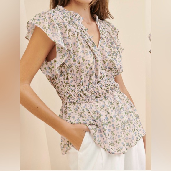 Pookie & Sebastian Tops - Pookie & Sebastian- Floral Peplum Blouse- Candy Pink/Golden Color